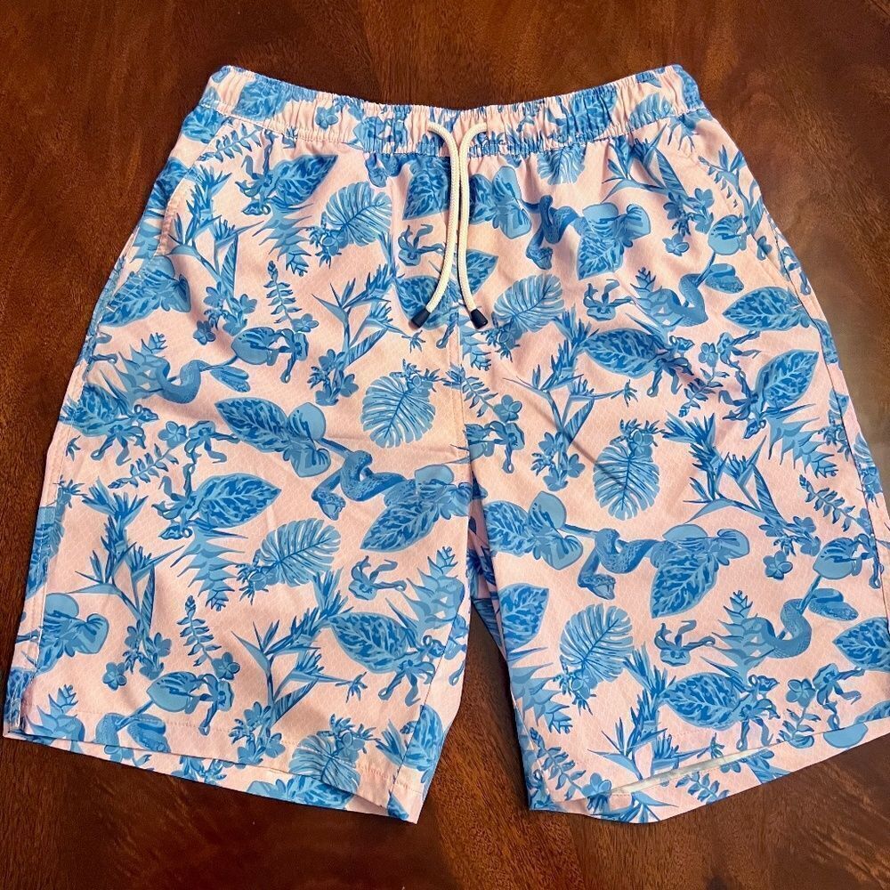 EUC Men's Peter Millar Seaside Pink Blue Snake Garden Print Swim Trunks MEDIUM - Picture 2 of 5
